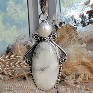 Ethereal White Moss Agate Pendant, Sterling Silver Necklace With Pearl